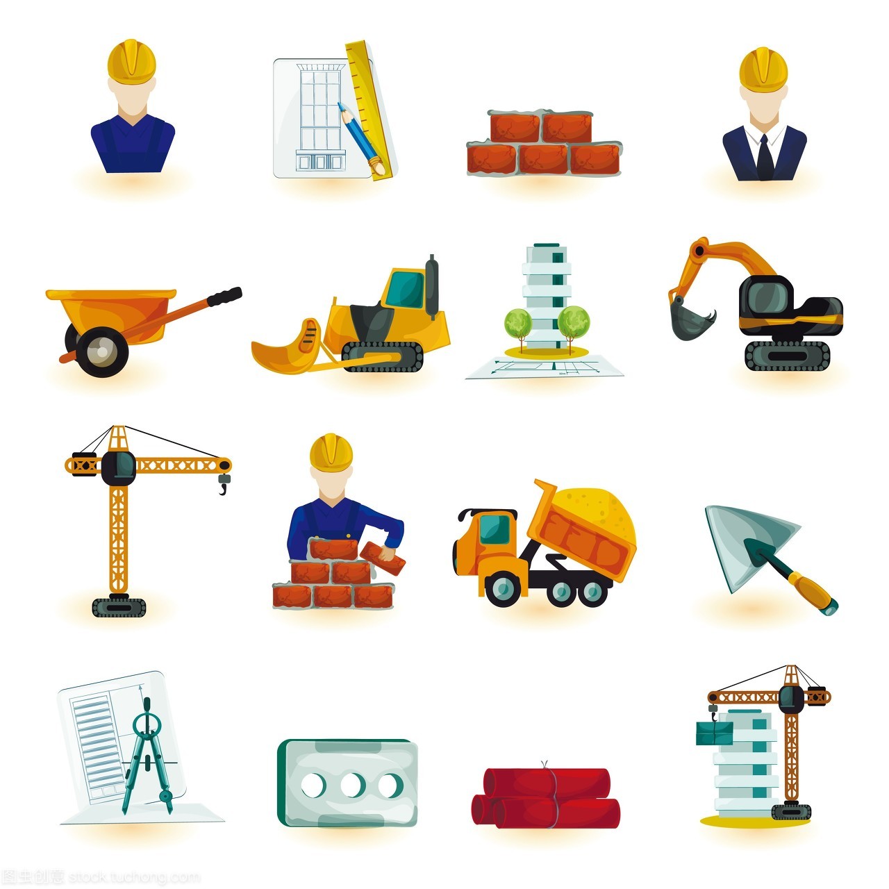 师工业和建筑工程师装饰图标设置孤立的矢量图。师图标设置